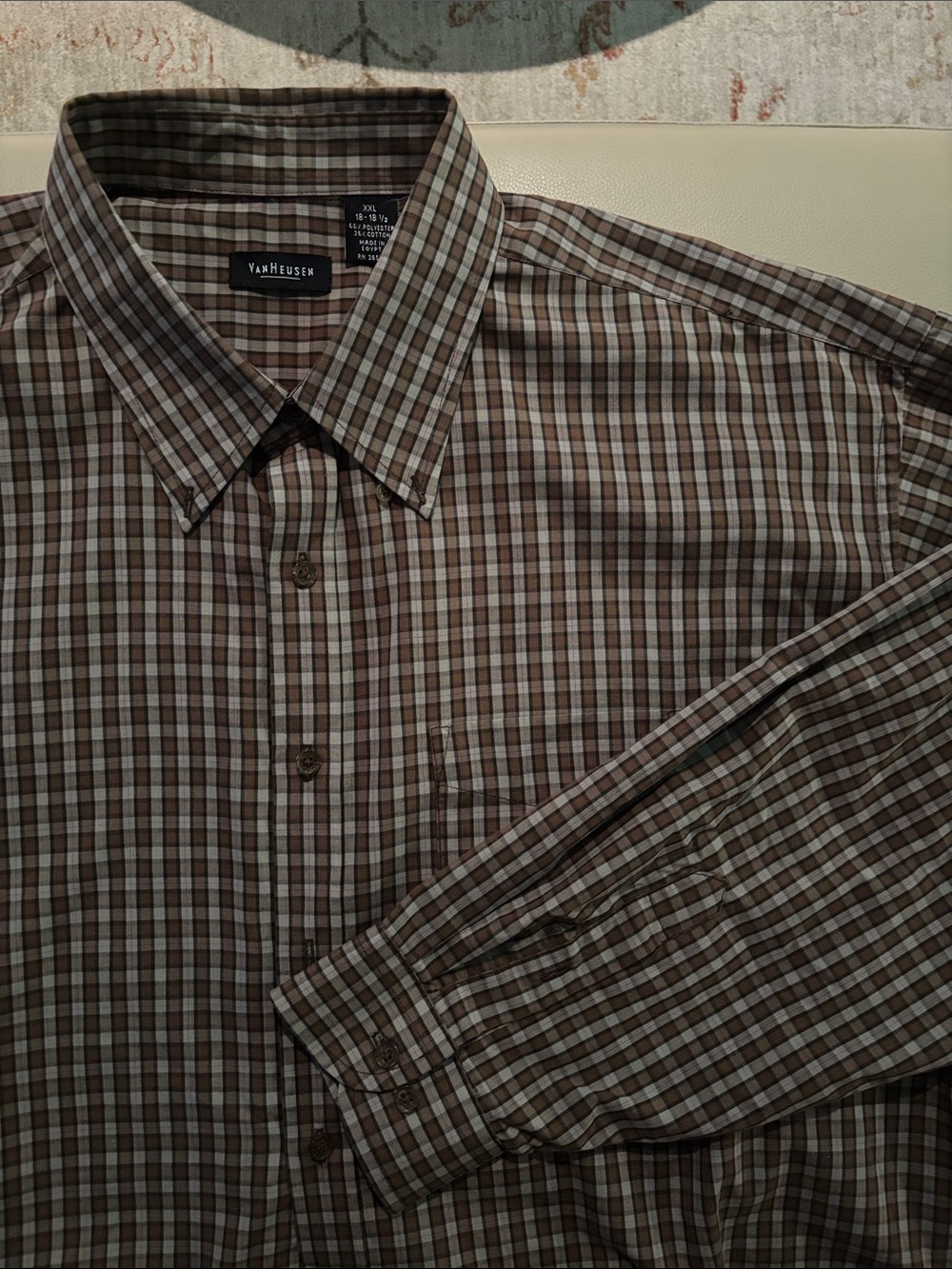 Van Heusen Brown and Cream Plaid Button-Down Dress Shirt